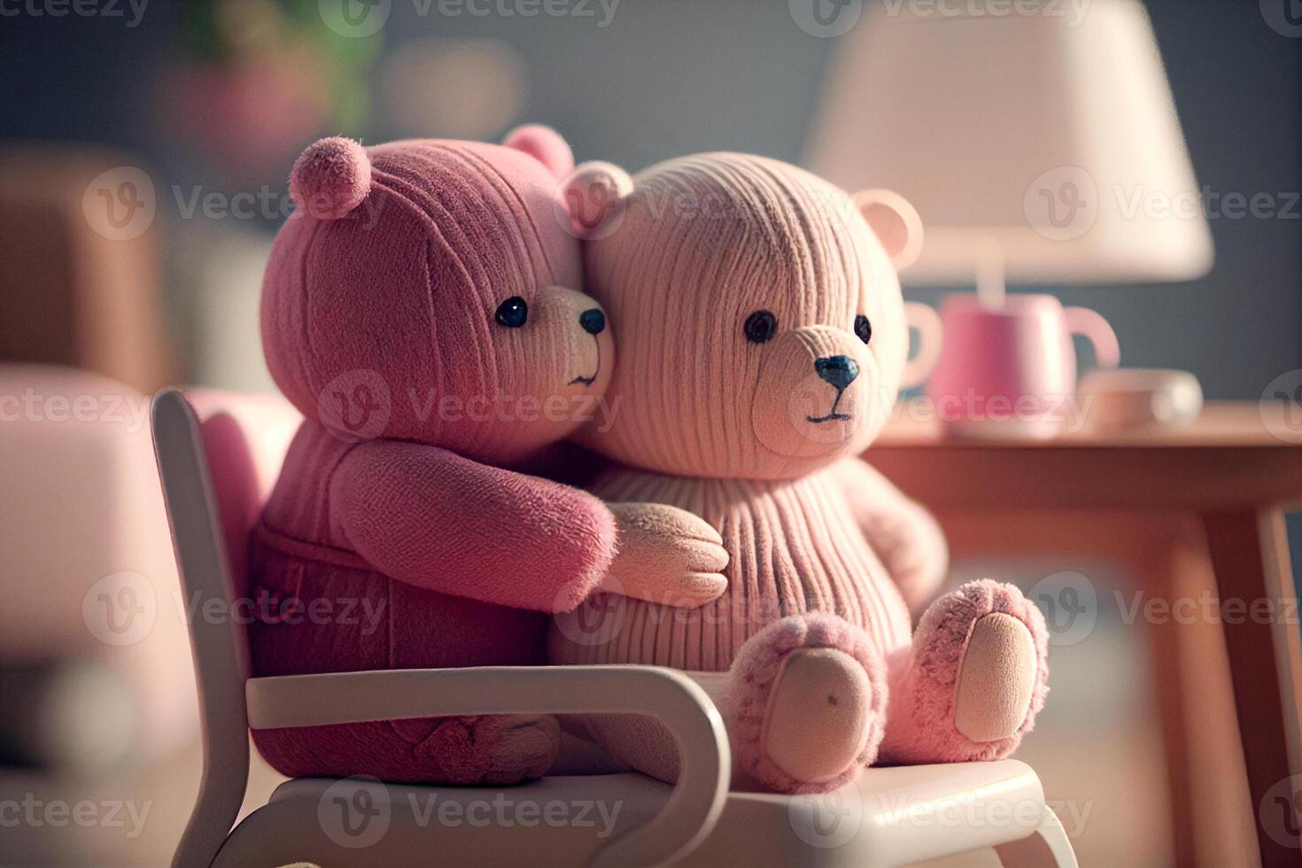 AI generated Couple pink teddy bears hugging on chair, Valentine's day concept. Generative AI photo