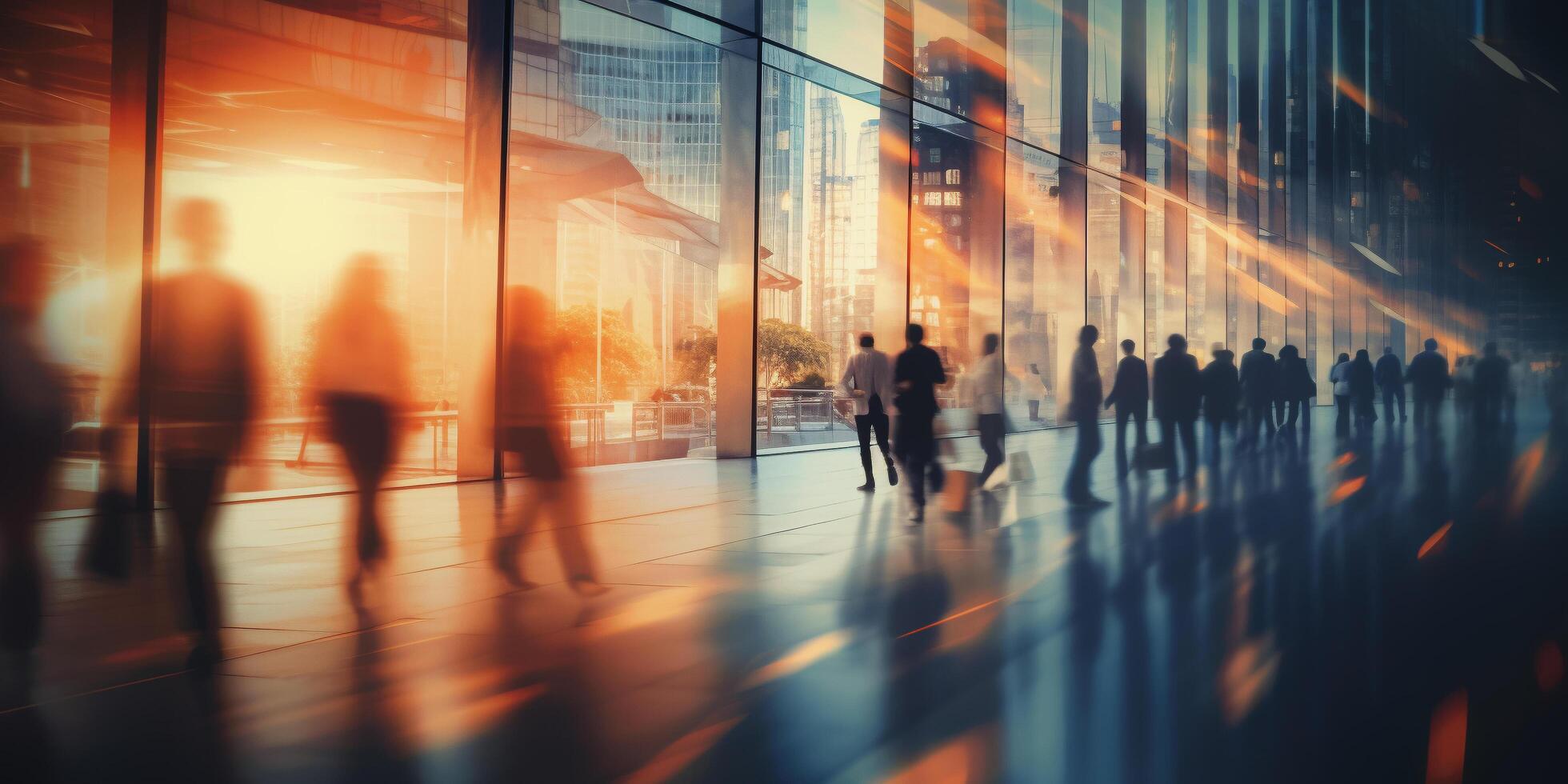 AI generated Beautiful motion blurred crowd of people walking in rush hour with modern office building photo