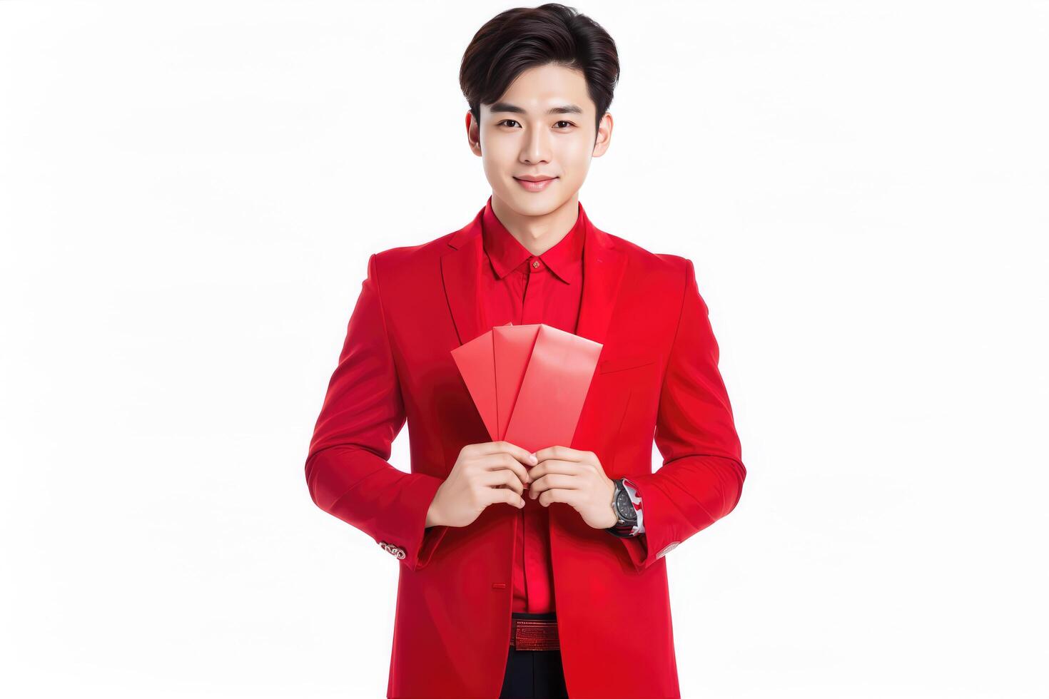 AI generated a man in a red suit holding a red envelope photo