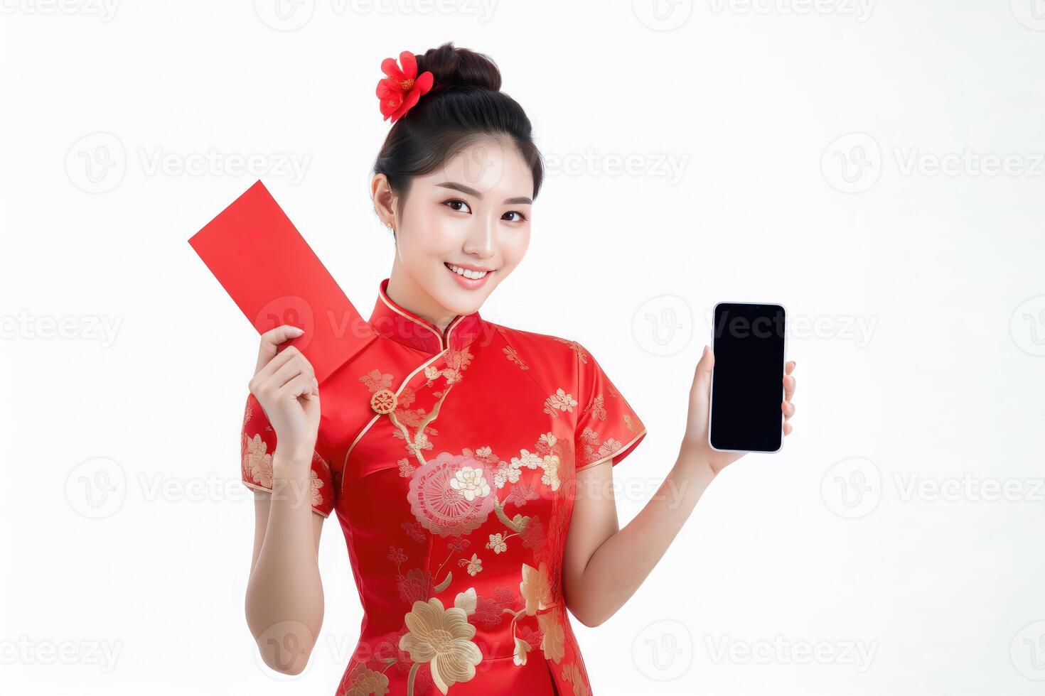 ai generado un mujer en un tradicional chino vestir participación un teléfono y un rojo tarjeta foto