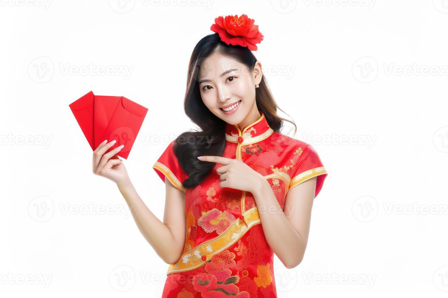 ai generado un mujer en un tradicional chino vestir participación un rojo sobre foto