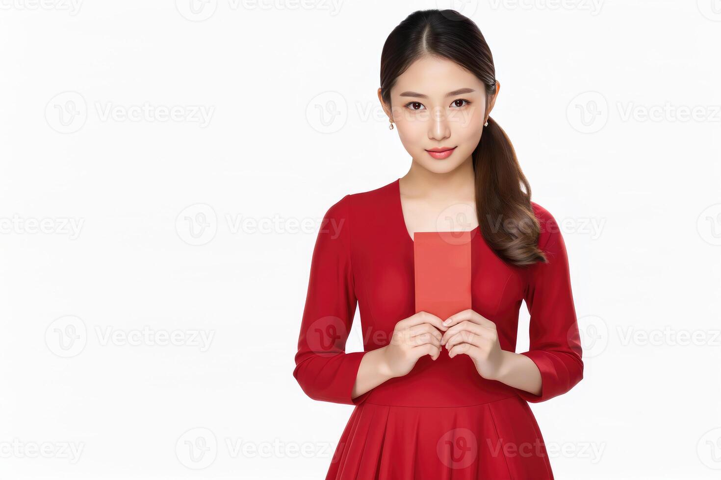 AI generated a woman in a traditional chinese dress holding a red envelope photo