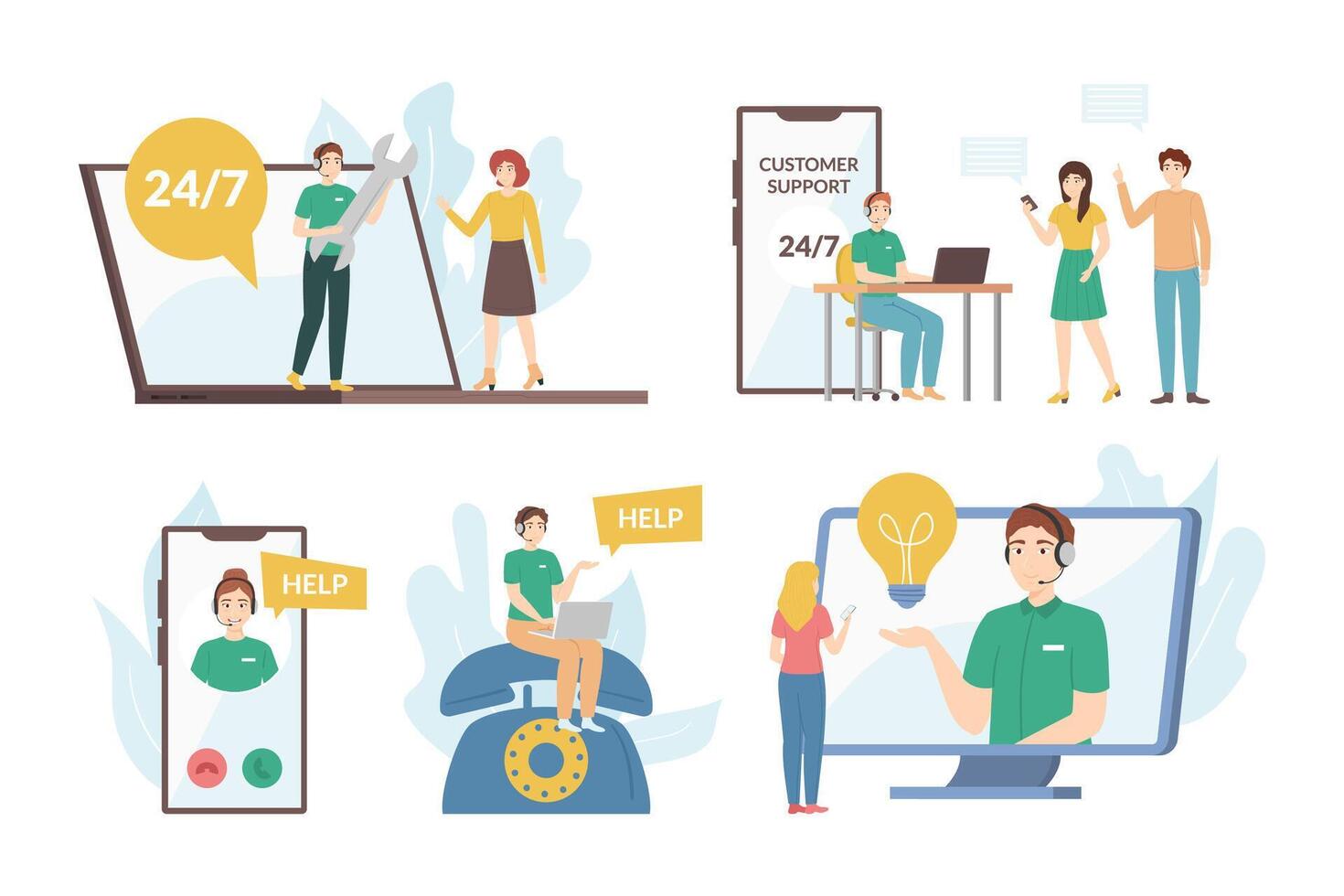 Cartoon Color Characters People and Customer Support Concept. Vector