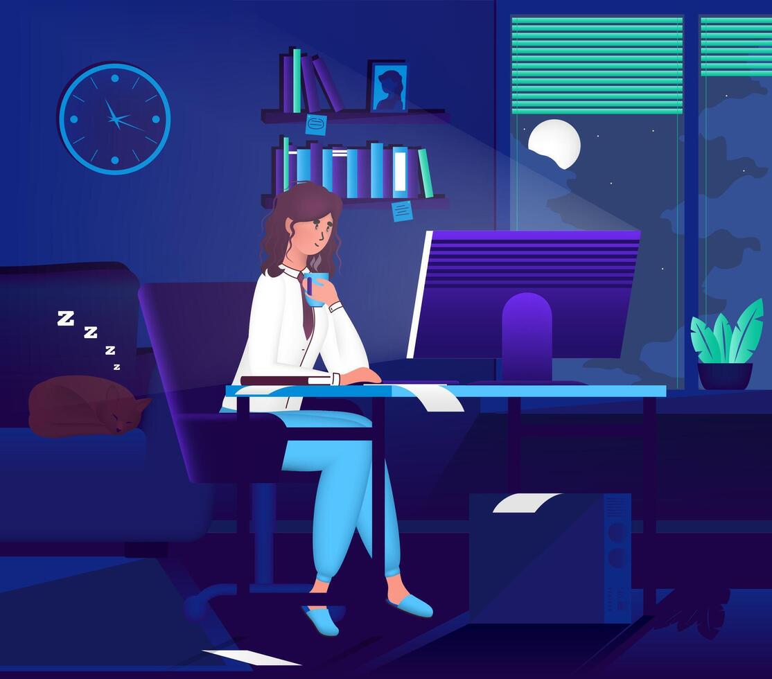 Cartoon Color Character Person Woman and Working Night Home Office Concept. Vector