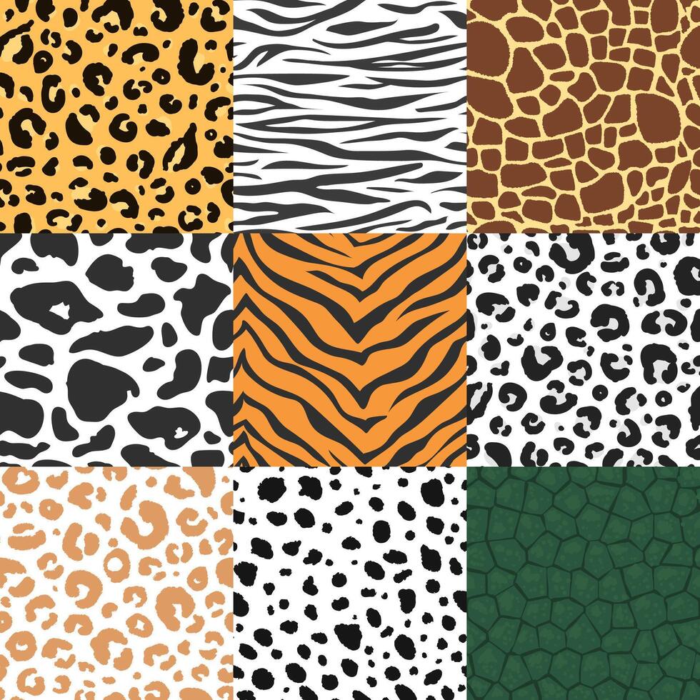 Cartoon Color Animal Skin Seamless Pattern Background Set. Vector