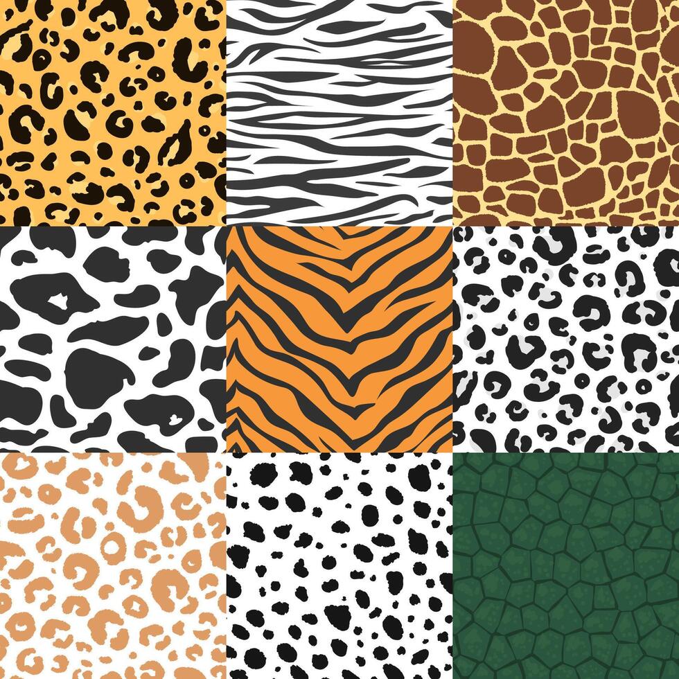 Cartoon Color Animal Skin Seamless Pattern Background Set. Vector