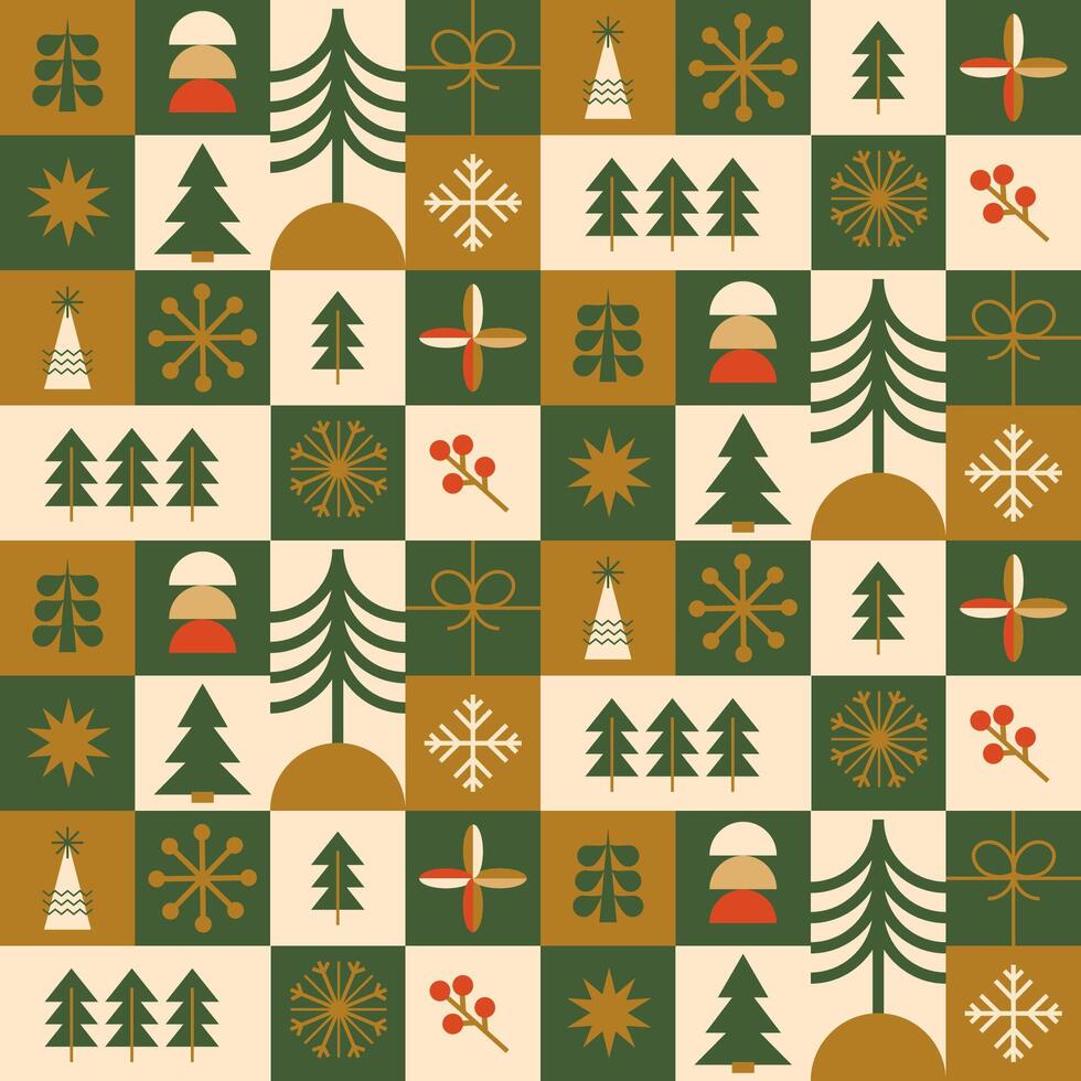 Geometric Christmas seamless pattern made from simple geometry Christmas tree, snowflakes. Vector green and golden mosaic winter holiday repeat background, wallpaper, package design, wrapping paper.