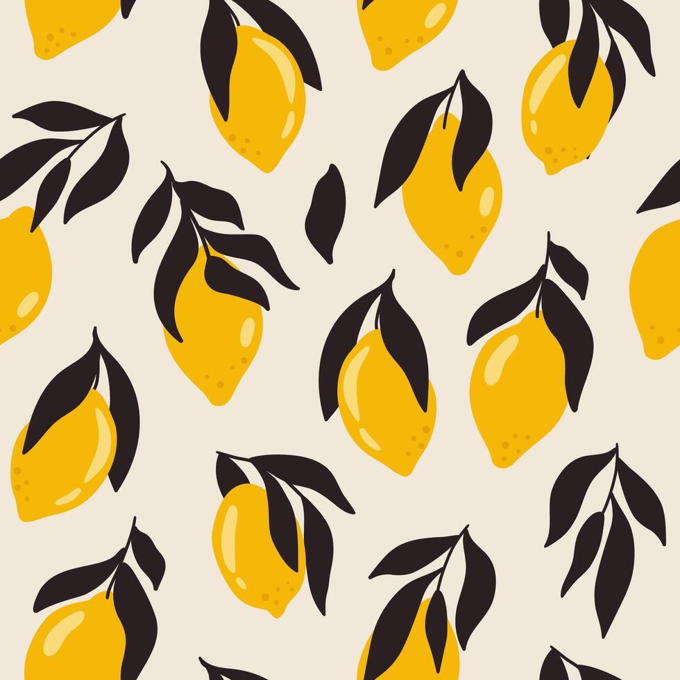 Contemporary lemon fruit seamless pattern. Abstract tropical summer fruit of yellow citrus, modern black curve leaves, fresh food print. Vector hand drawn floral wallpaper, botanical repeat background