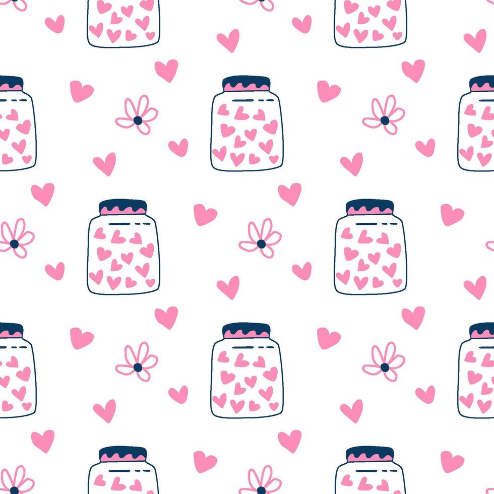 Pink hearts in jar for Valentines day seamless pattern. Vector love repeat background. Cute vector romantic print, wallpaper, lovely wrapping paper, package design, textile, hand drawn fabric.