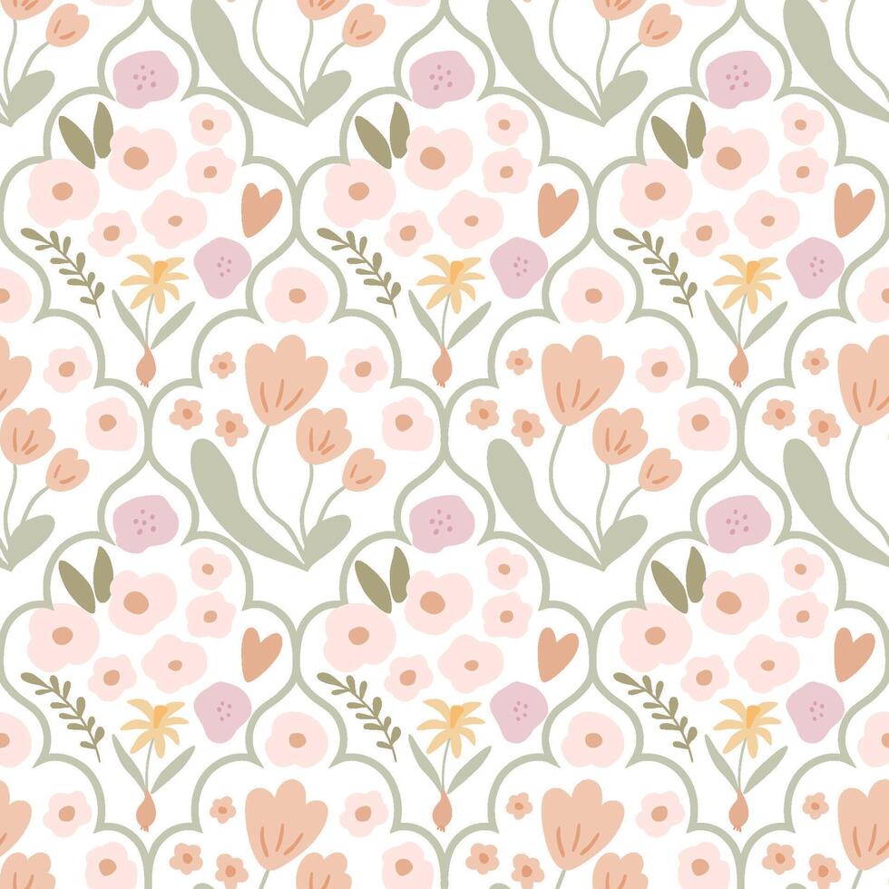 Damask hand drawn wallpaper. Easter pastel rabbit bunny and tiny flowers pattern. Vector floral spring design, repeat background, cute print, wallpaper. Beige meadow flowers illustration. Rustic style