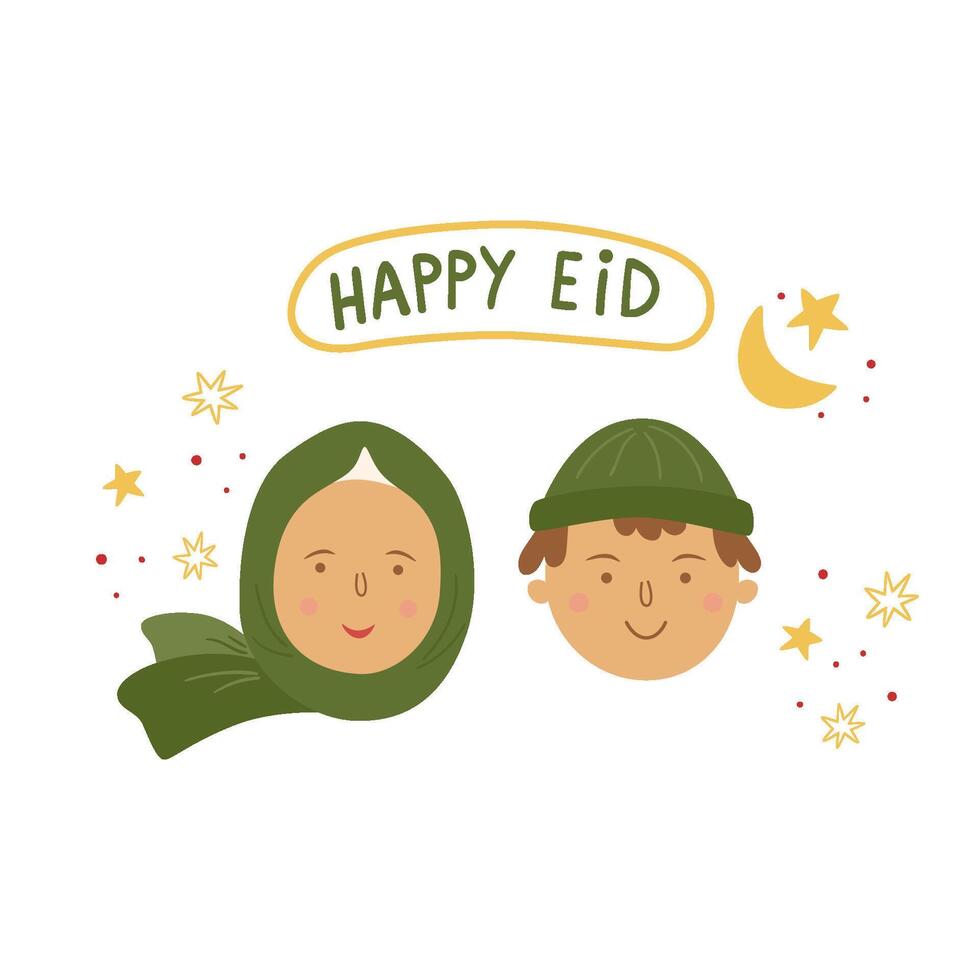 Cartoon Ramadan greeting people, woman and mane faces with text Happy Eid. Vector Islamic concept. Young religious Muslim persons wishing happy Islamic festival celebration. Cute illustration, sticker