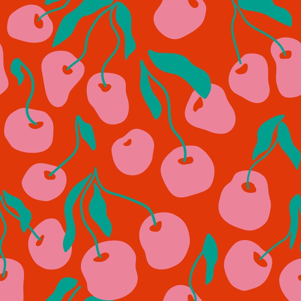 Contemporary fruits seamless pattern. Abstract pink cherry on red background. Abstract organic floral print with berry and leaves. Vector modern botanical wallpaper, wrapping paper, textile design