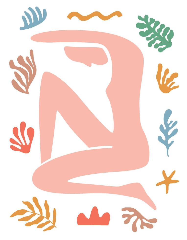 Matisse female body poster. Abstract woman figure with contemporary leaves vector wall art in a trendy minimal style. Vector collage of human body and botanical elements. Minimalistic illustration.