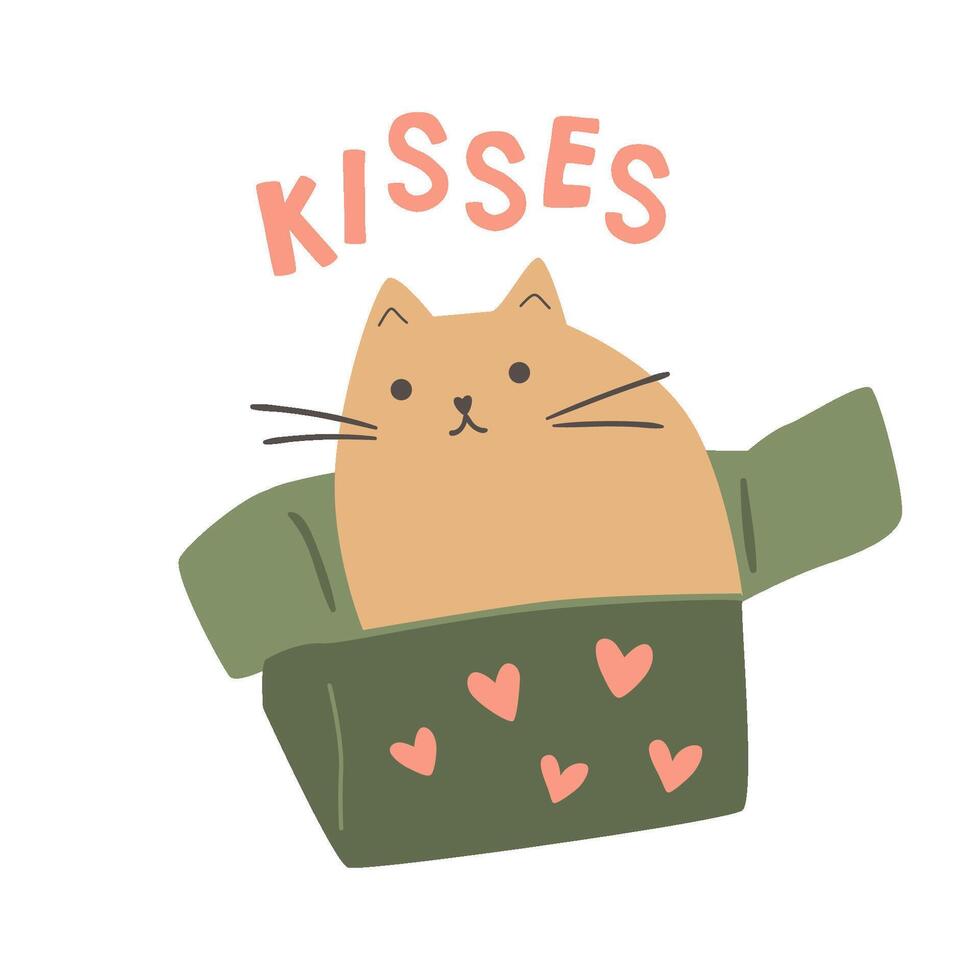 Romantic cat in box for Valentines day card with text kisses. Vector pet illustration isolated on white. Funny beige kitty, meow 14 February greeting postcard in childish style of animal drawing