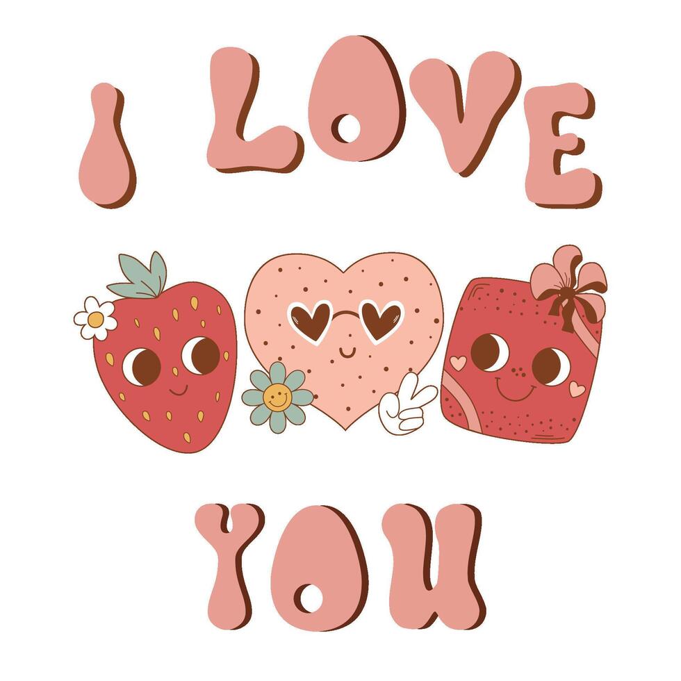 Pink groovy Happy Valentines Day retro lettering element with cute retro characters strawberry, heart with eyes, gift isolated on white. 14 February typography vector letters in vintage 70s, 60s style