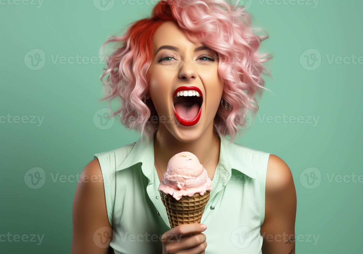 AI generated Woman with modern style, eating ice cream. Studio time photo