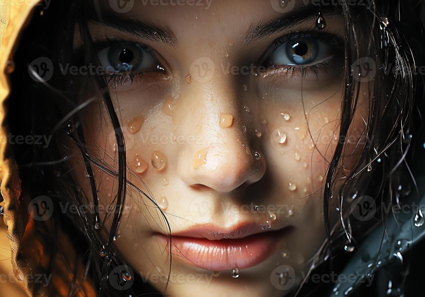 AI generated Portrait of beautiful woman under heavy rain. Rainy weather. photo