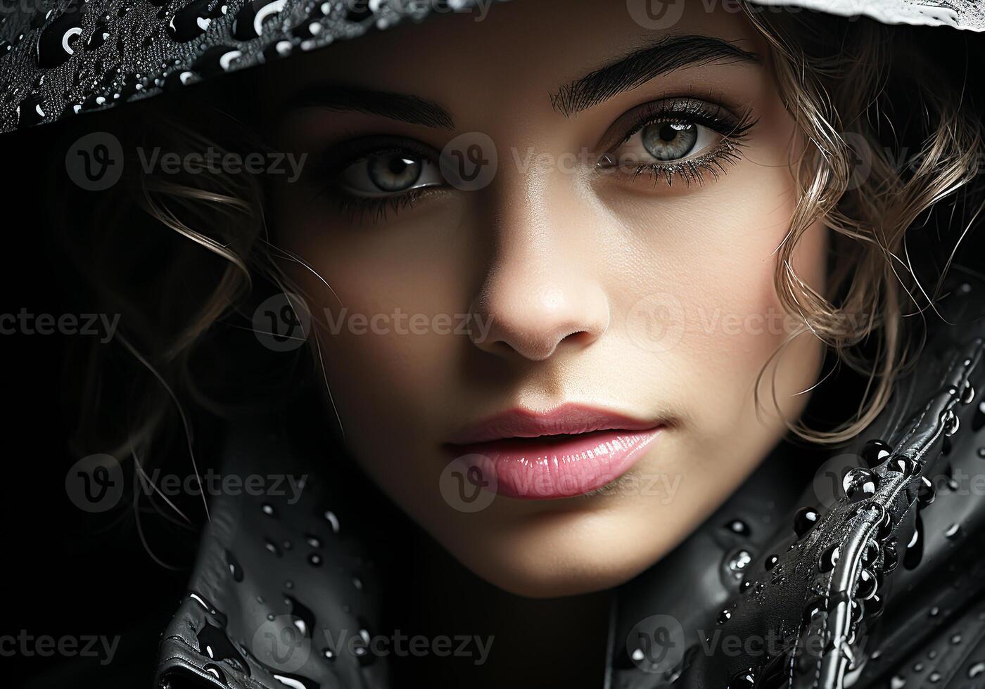 AI generated Portrait of beautiful woman under heavy rain. Rainy weather. photo