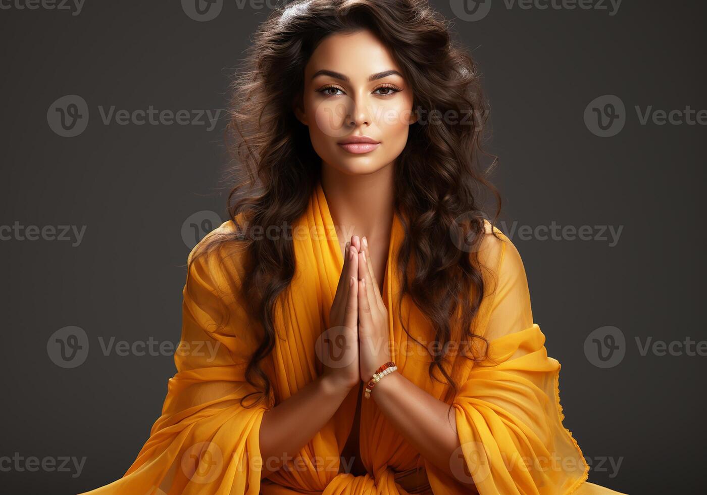 AI generated Woman with hands in praying position. Woman's Day. Tradition and culture. photo