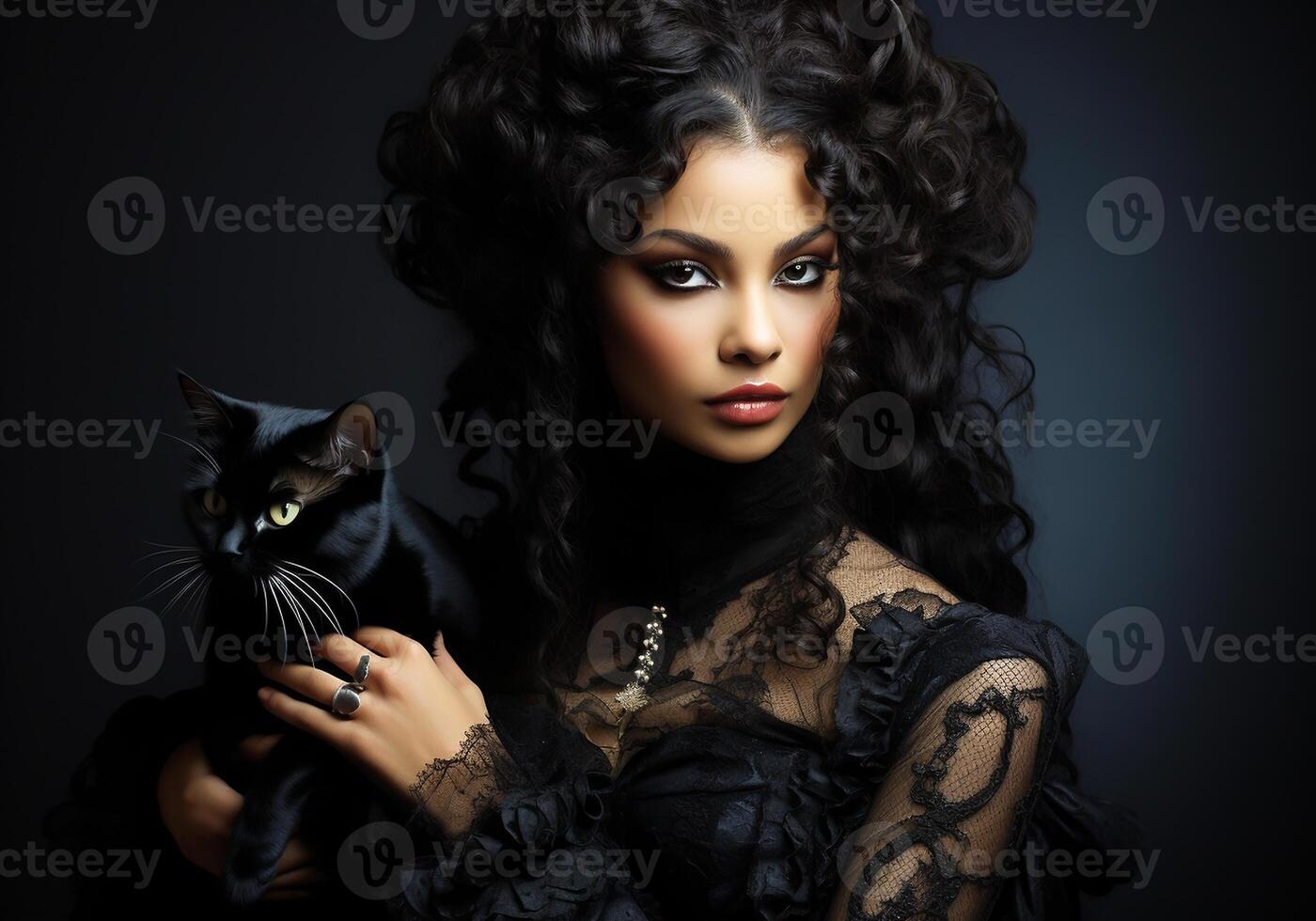 AI generated Beautiful woman with long curly hair and a black cat. Woman's Day photo