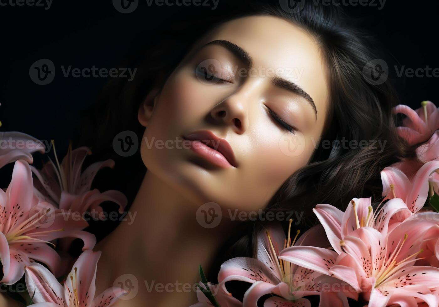 AI generated Woman surrounded by flowers. Serenity and tranquility. Woman's Day. Tradition and culture photo