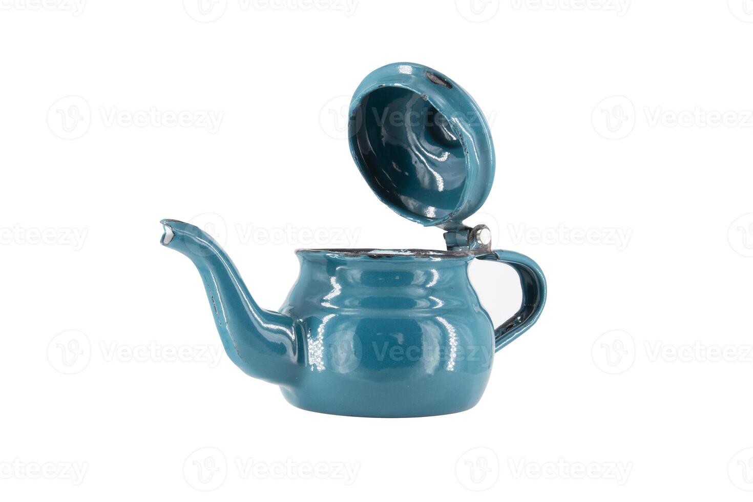 Vintage metal old blue kettle isolated on white background photo