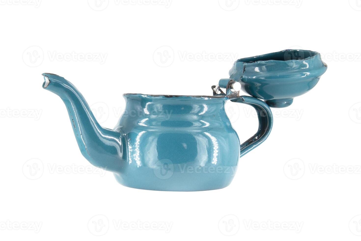 Vintage metal old blue kettle isolated on white background photo