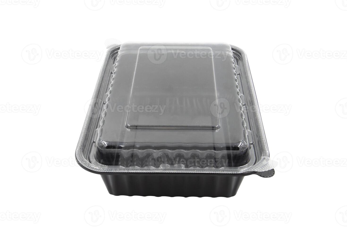 Plastic Food Packaging Tray With Clear Plastic Cover isolated on white background photo