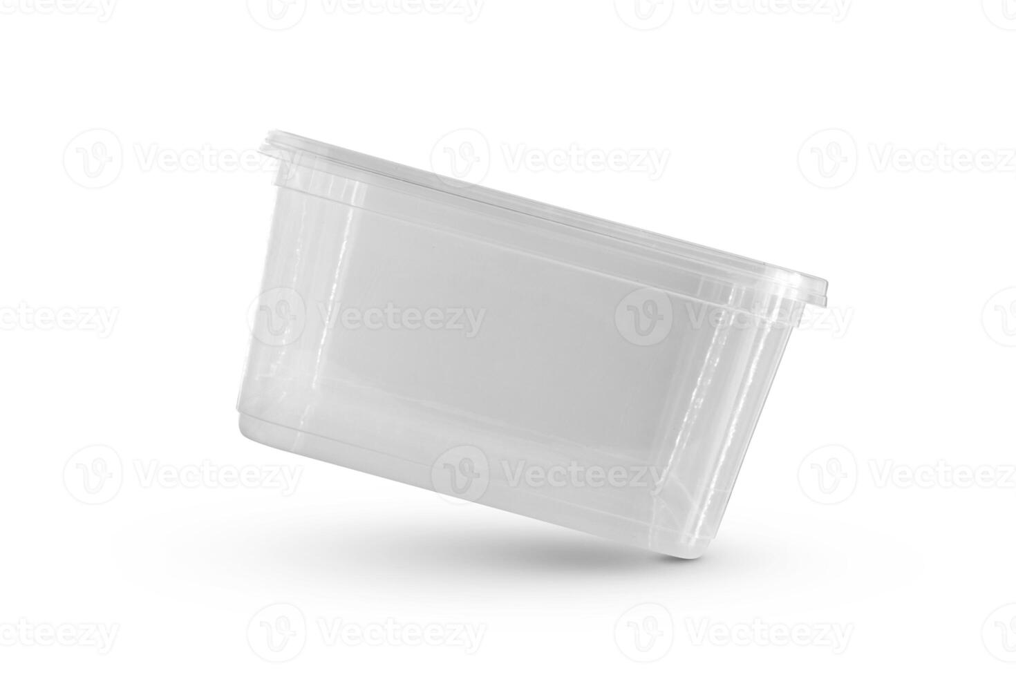 Transparent plastic food box isolated on white background photo