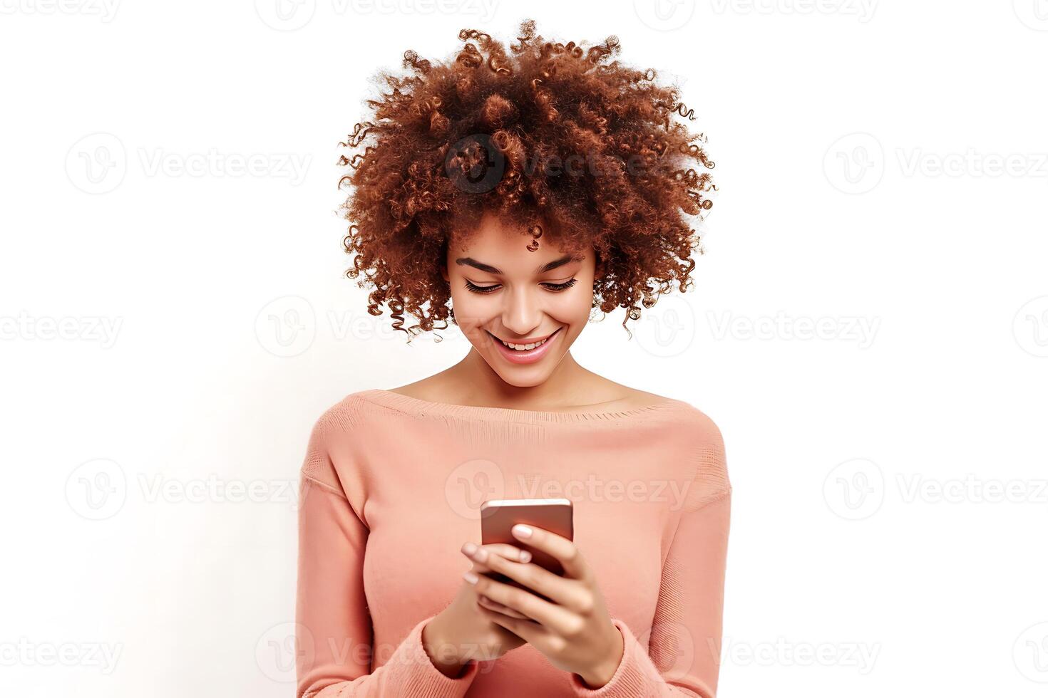 AI generated Phone Charisma, Curly-Haired Model Embraces Cellphone Technology on isolated white background photo