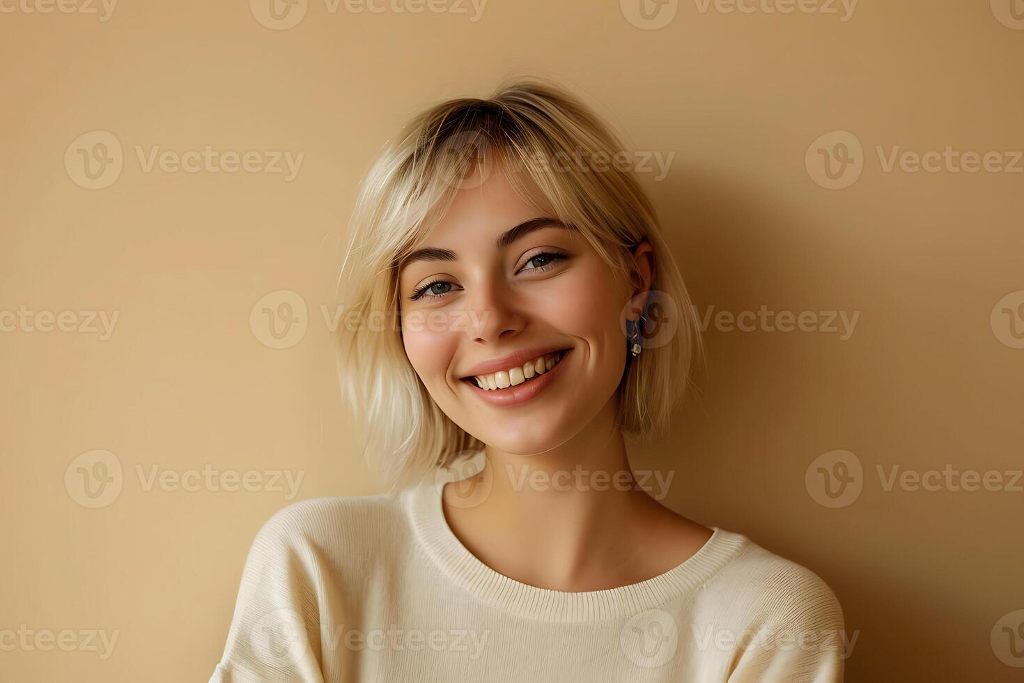 ai generado radiante juventud, sonriente gen z rubia mujer en contento retrato foto