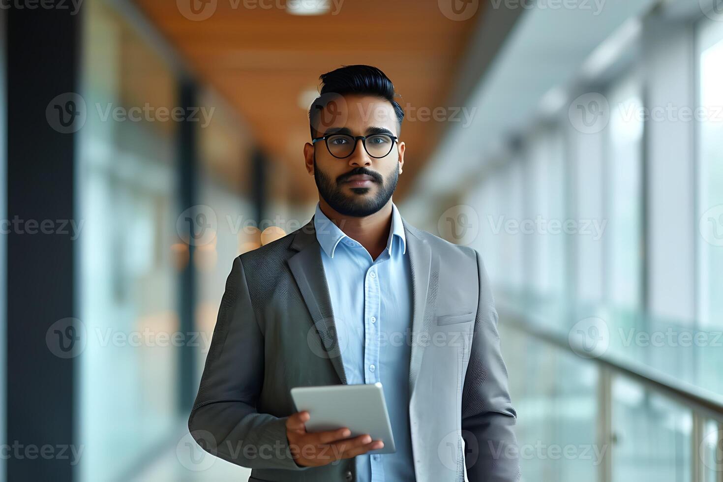 ai generado ejecutivo llegada, confidente indio negocio profesional con tableta foto