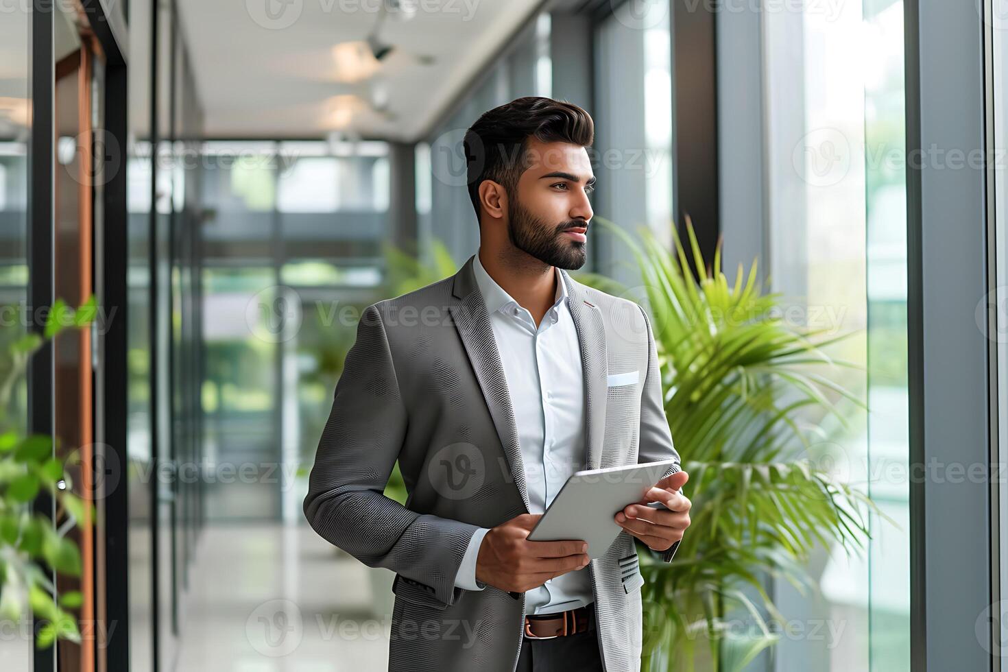 ai generado ejecutivo llegada, confidente indio negocio profesional con tableta foto