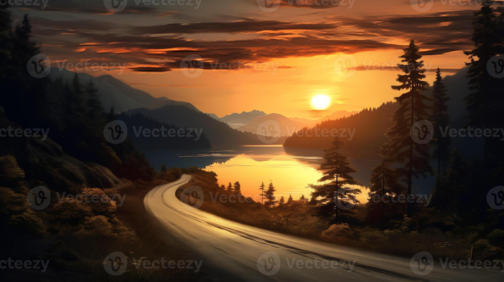 AI generated Golden Horizon, Sunset Glow on a Tranquil Lake and Road photo