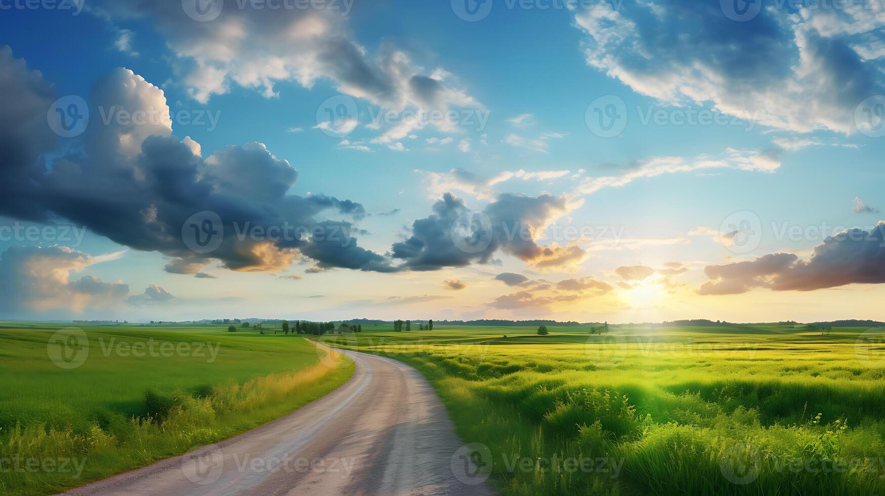 ai generado rural belleza revelado, verde campo, vacío camino, y puesta de sol nubes foto