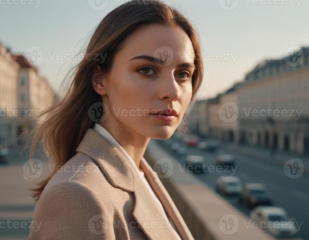 AI generated Portrait of a young woman in an urban environment. photo