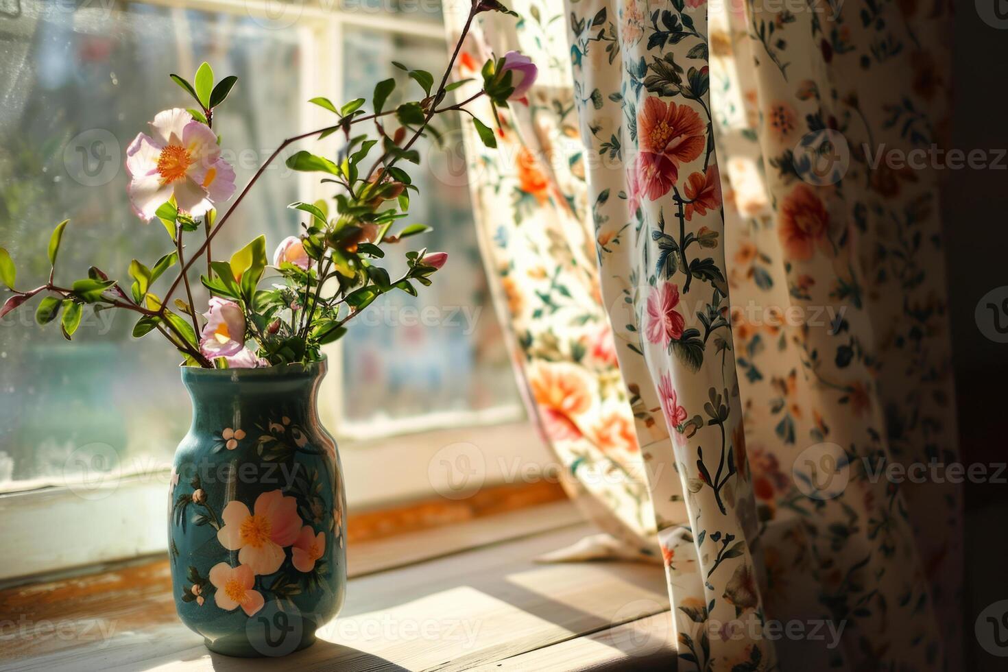 AI generated Floral patterned curtain and vase. Flowers in vase with light from window. Generative AI photo