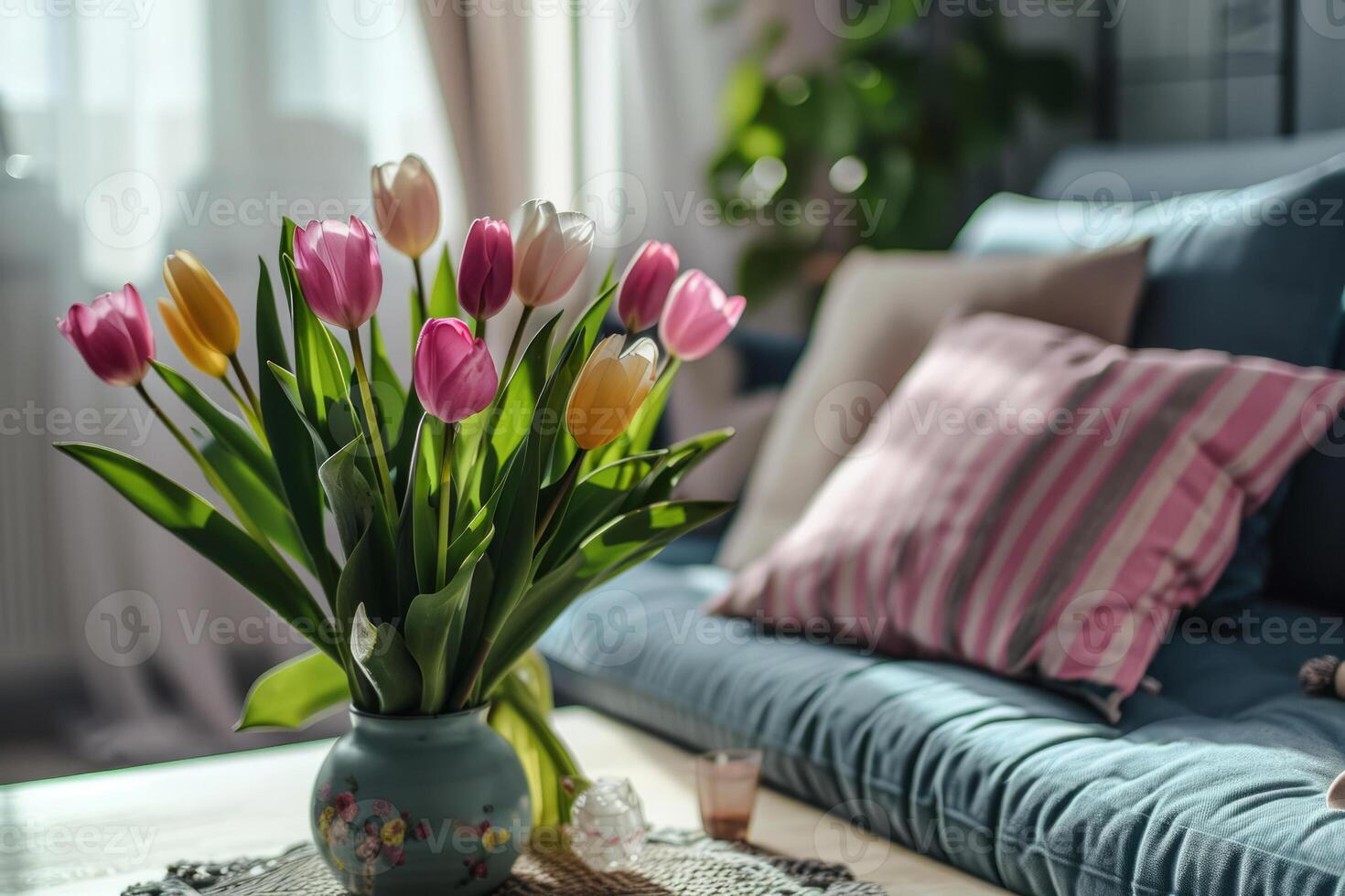 AI generated Living room with pastel colored pillows and fresh tulips on the table. Spring decor concept. Generative AI photo