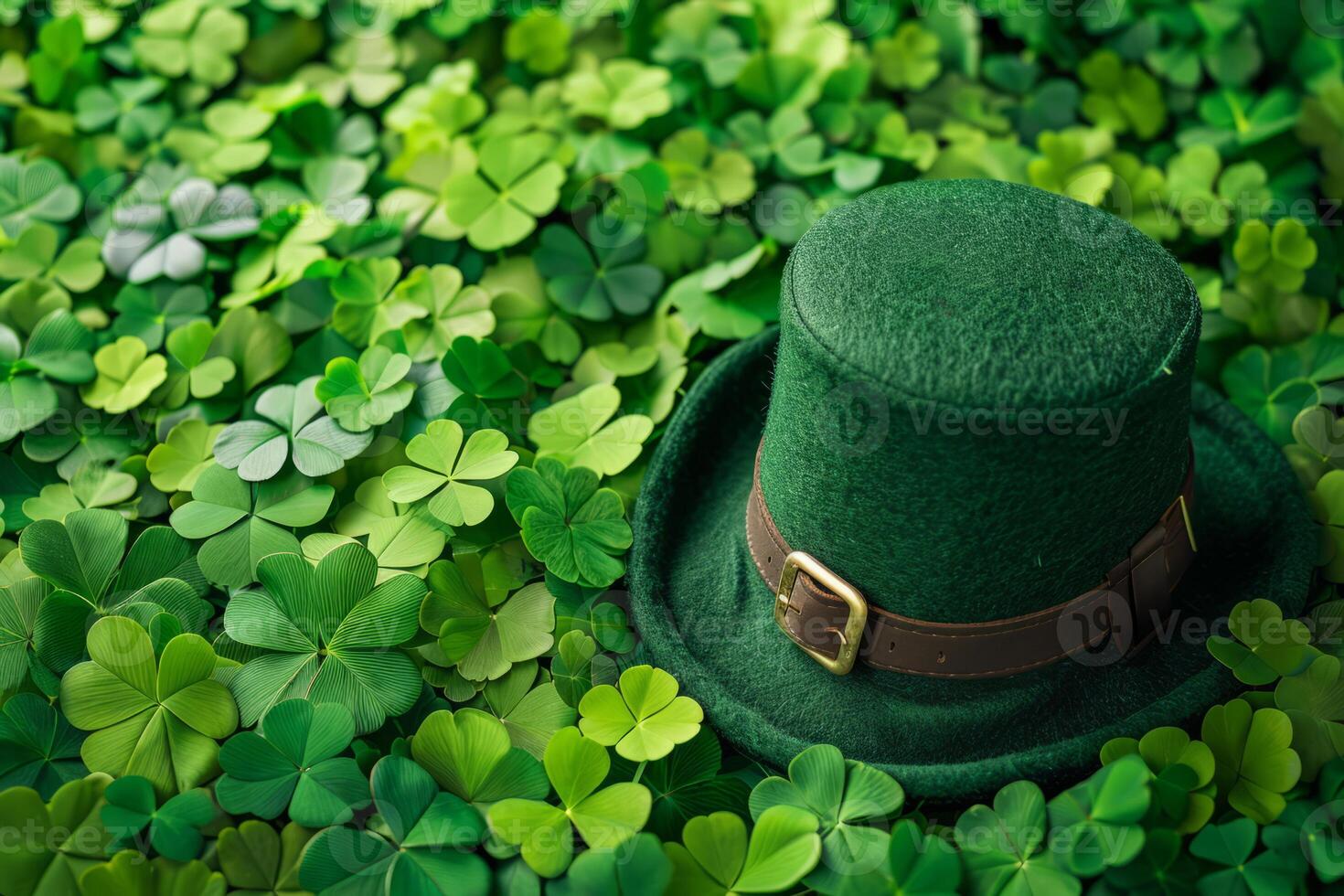 AI generated St. Patrick's Day background with leprechaun hat and clover leaves. Generative AI photo