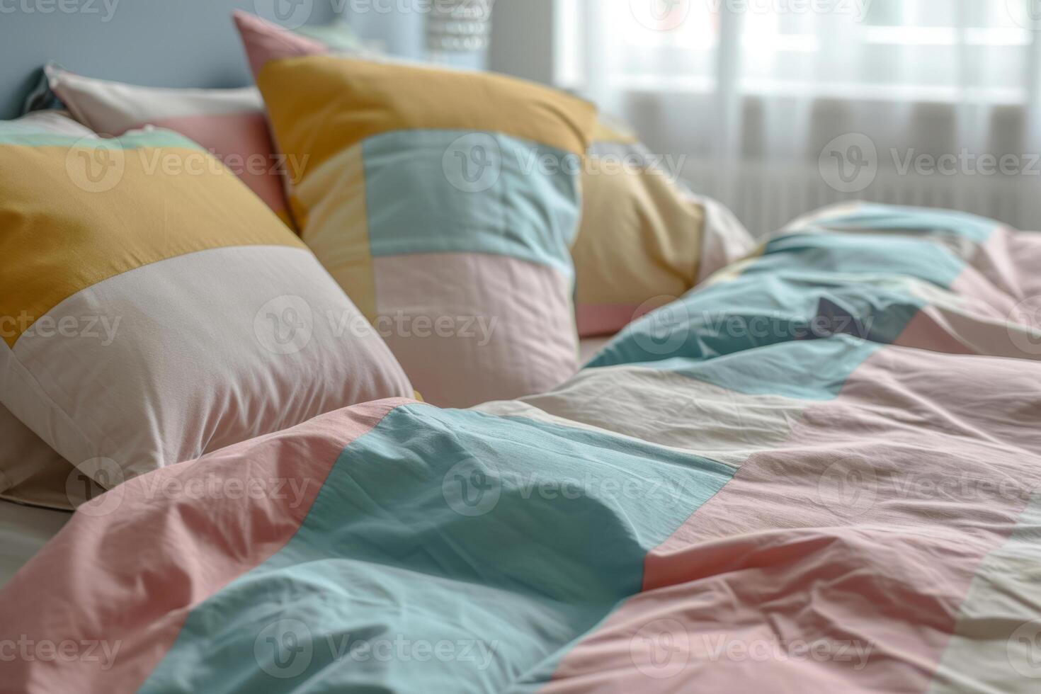 AI generated Soft bedding set with pillows in pastel colors. Colorful bed linen. Generative AI photo
