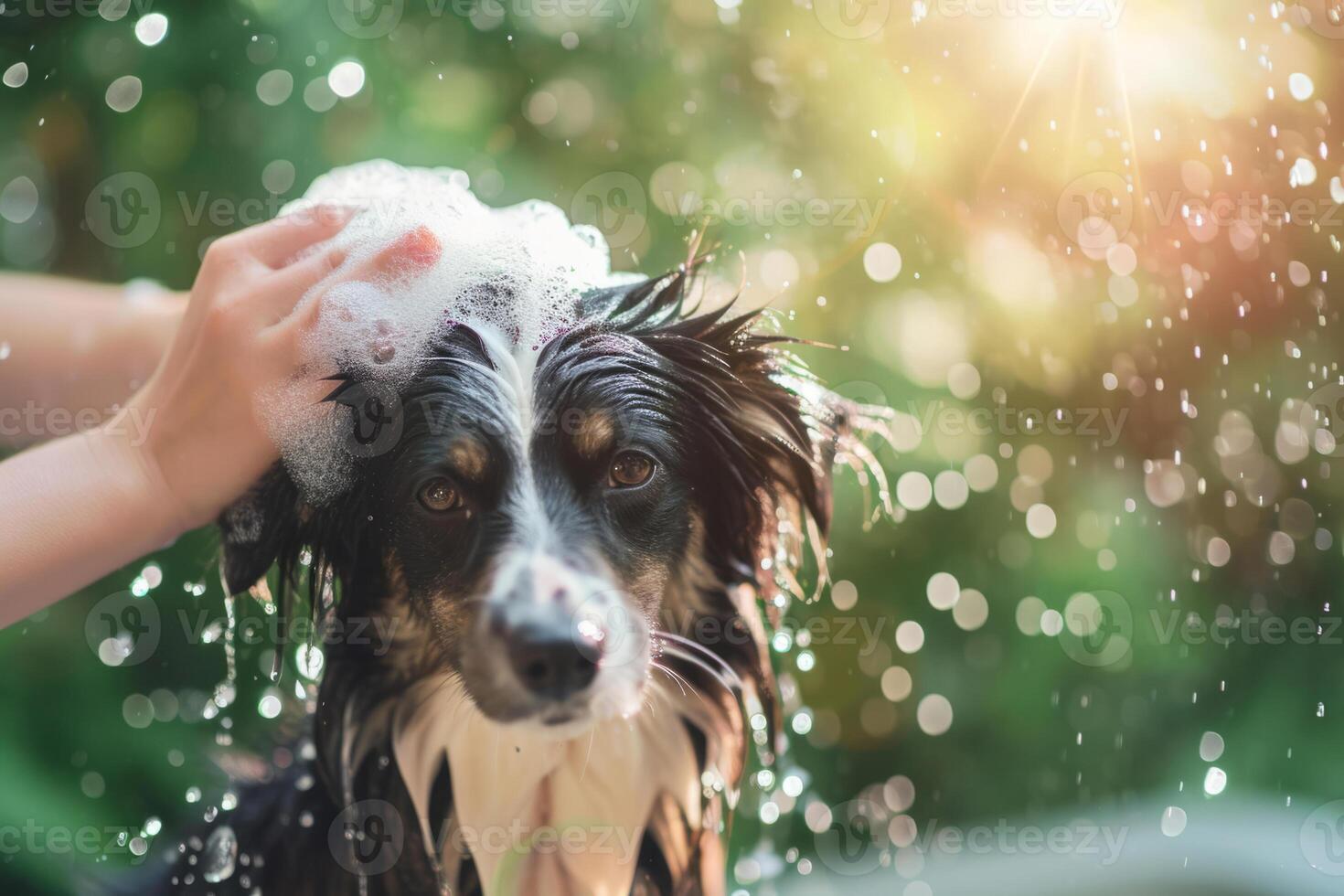 AI generated Dog taking a bath in the backyard. Generative AI photo