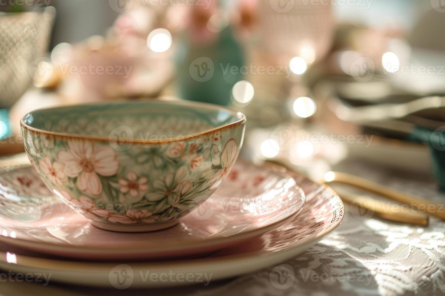 AI generated Home spring decor. Set of pink and green patterned tableware. Generative AI photo
