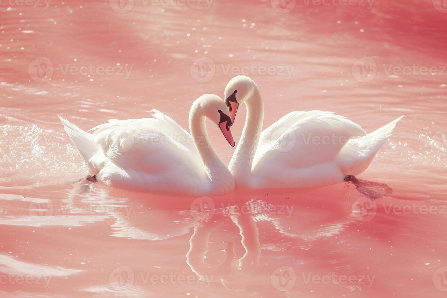 AI generated Beautiful white swans in heart shape on water on pink background. Generative AI photo