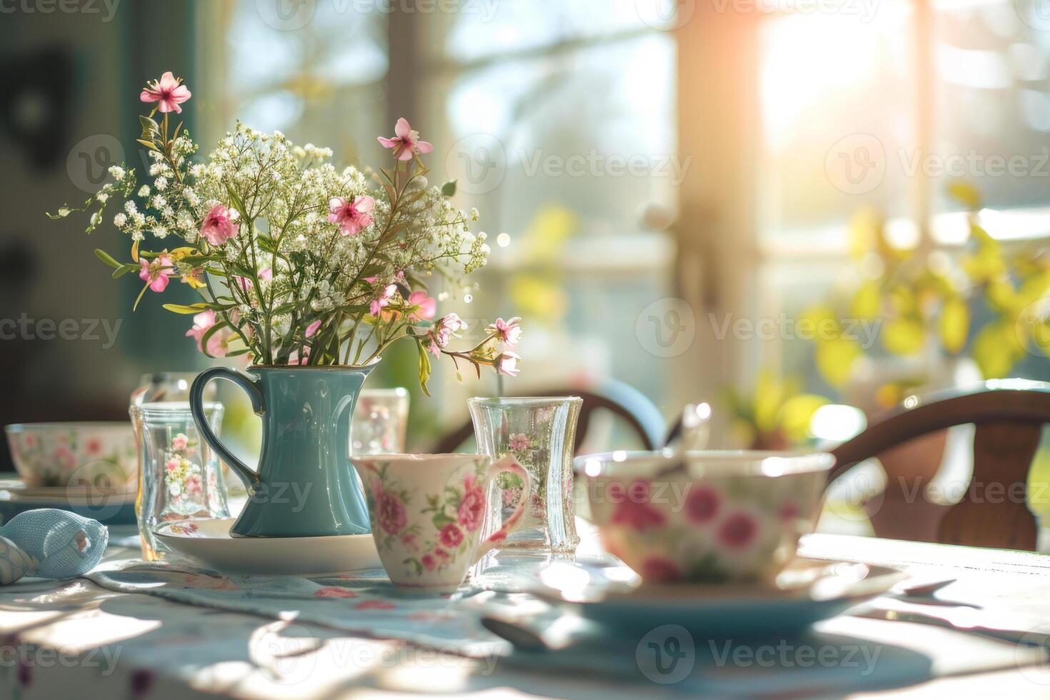 AI generated Dining table set with floral tableware on sunny light background. Generative AI photo