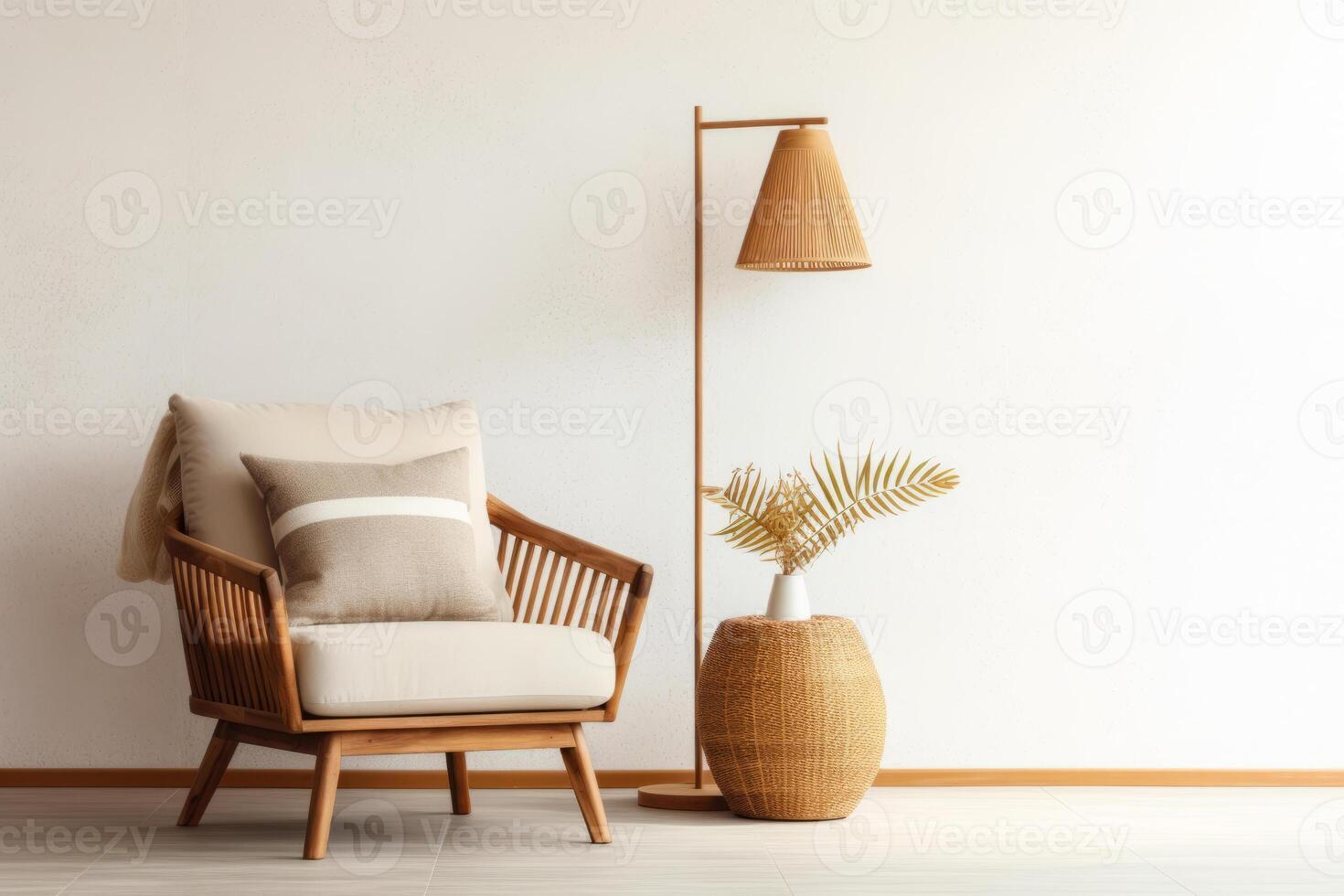 AI generated Rattan armchair and floor lamp in living room interior with plants. Generative AI photo