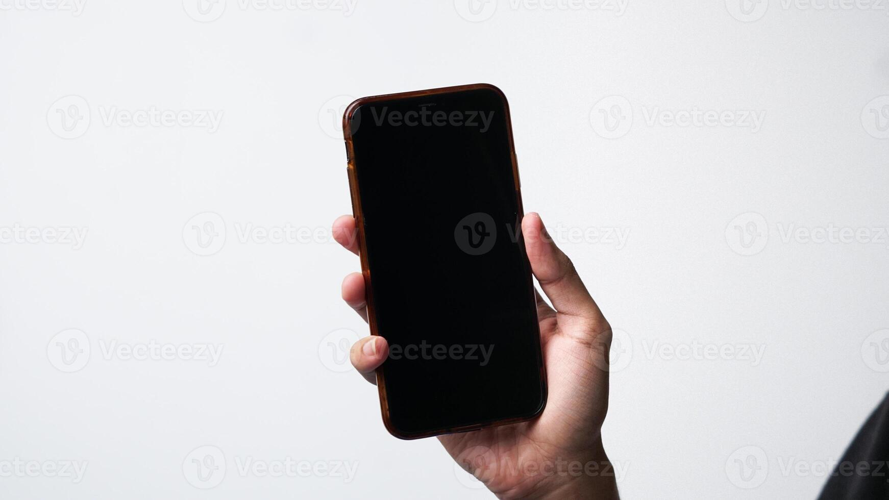 man holding smartphone with on white background. Space for text photo