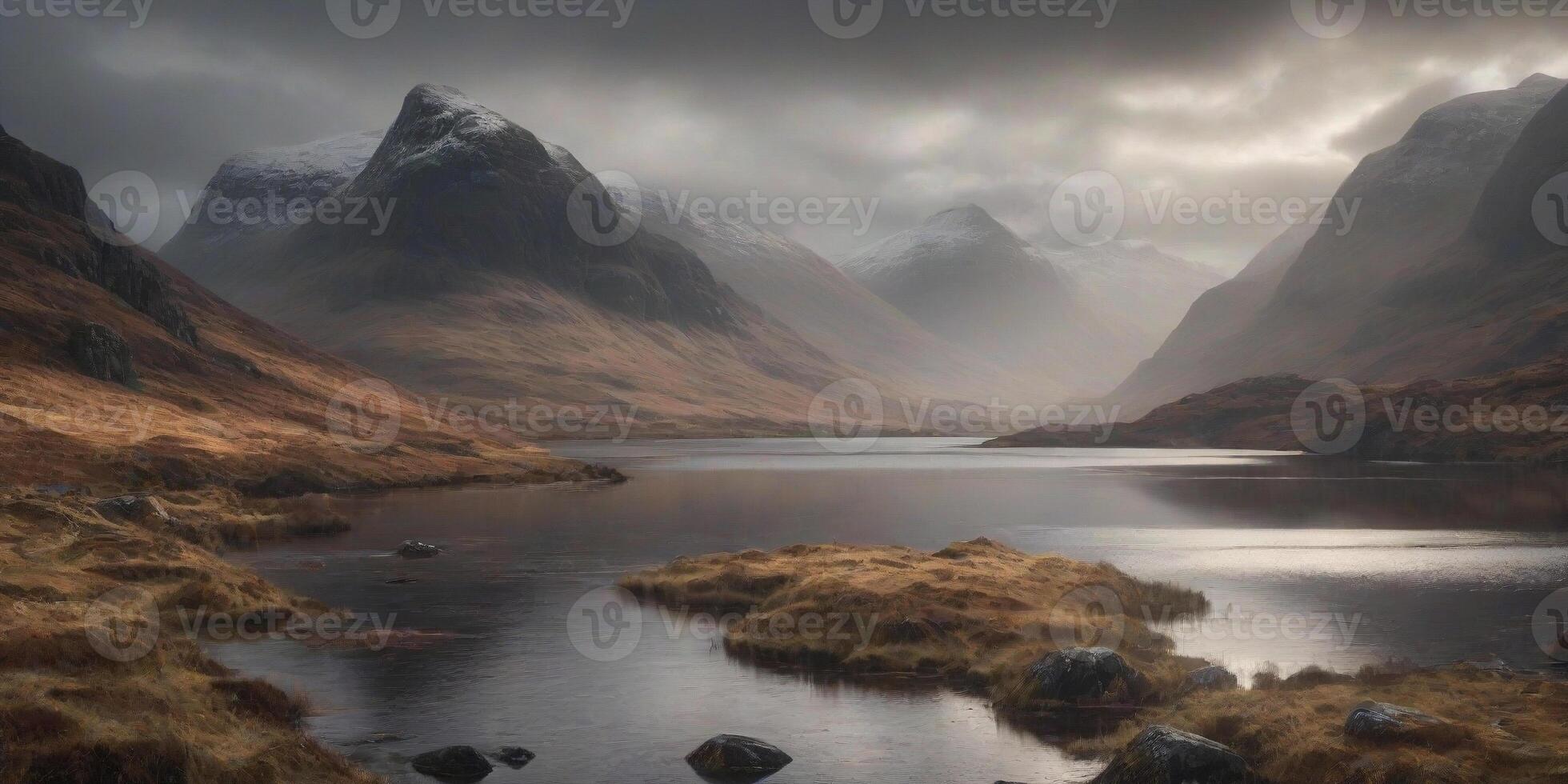 AI generated Generate a scene of the rugged beauty of the Scottish Highlands, with mist-covered mountains and serene lochs. ai generative photo