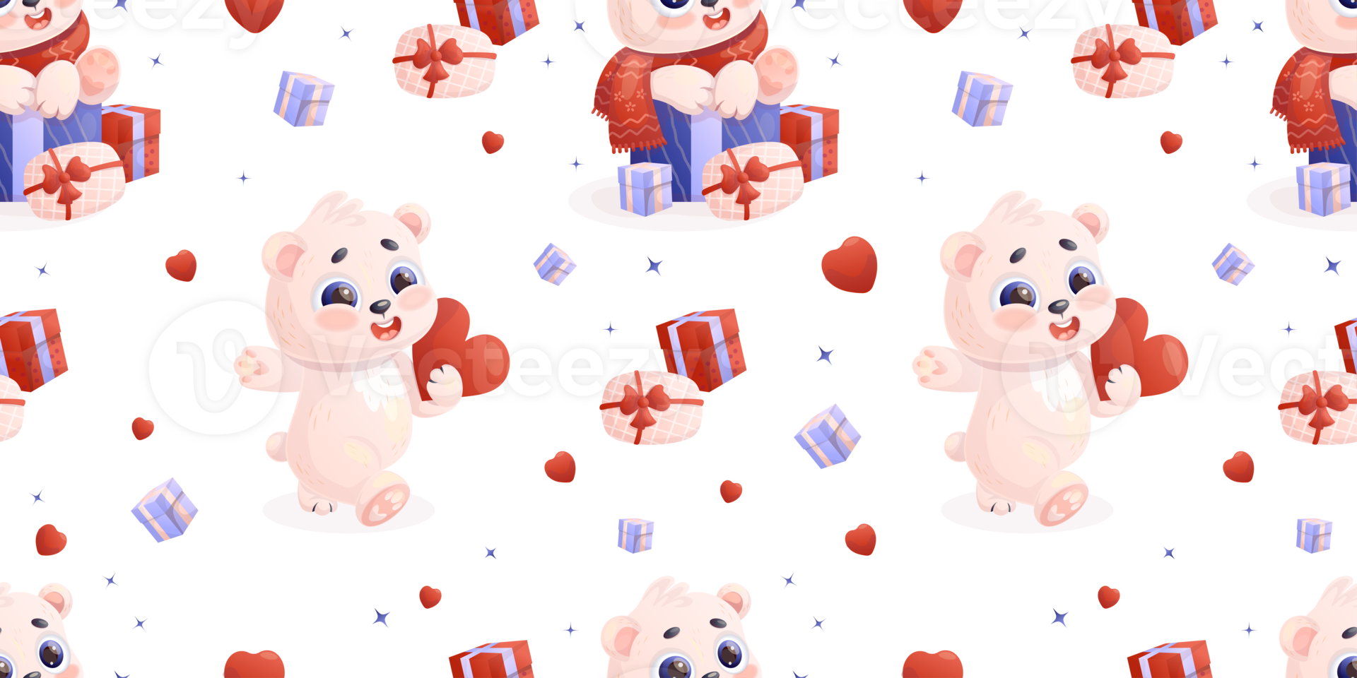 Seamless pattern with  polar bears with gift  and heart png
