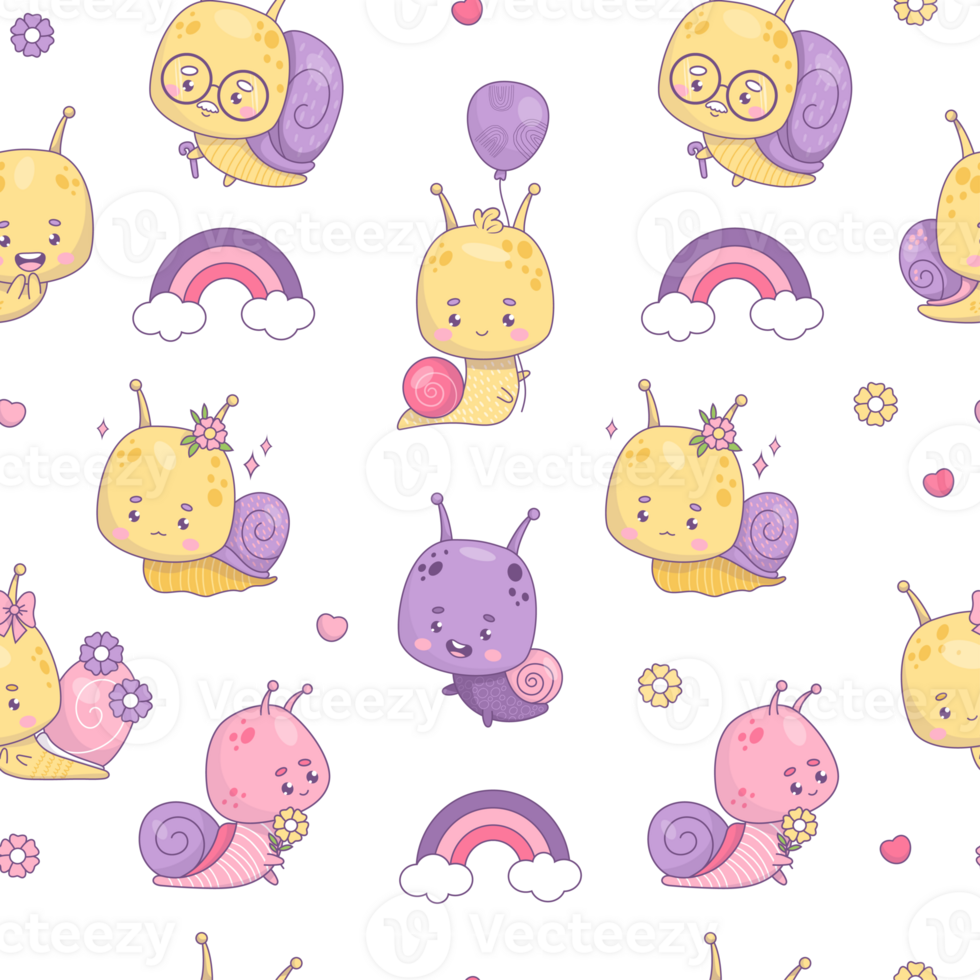 Seamless pattern with funny snail characters stickers png