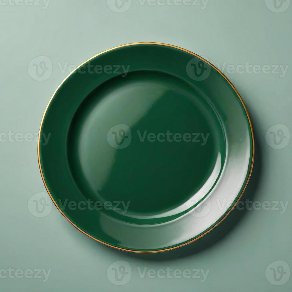AI generated empty luxury ceramic plate isolated green background. ai generative photo